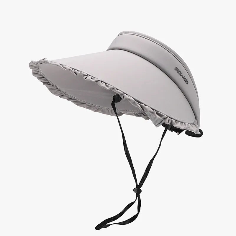 Gray ruffled visor with adjustable drawcord and wide brim