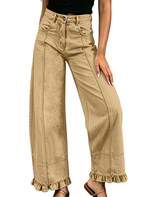 High-Waisted Wide-Leg Ruffled Hem Jeans Plus Size in Light with buttoned