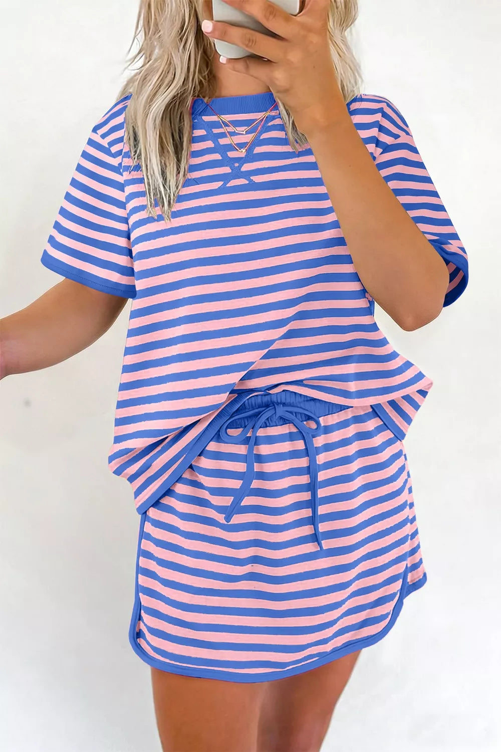 Relaxed cotton loungewear set with crew neck top and drawstring shorts, pink and blue stripes