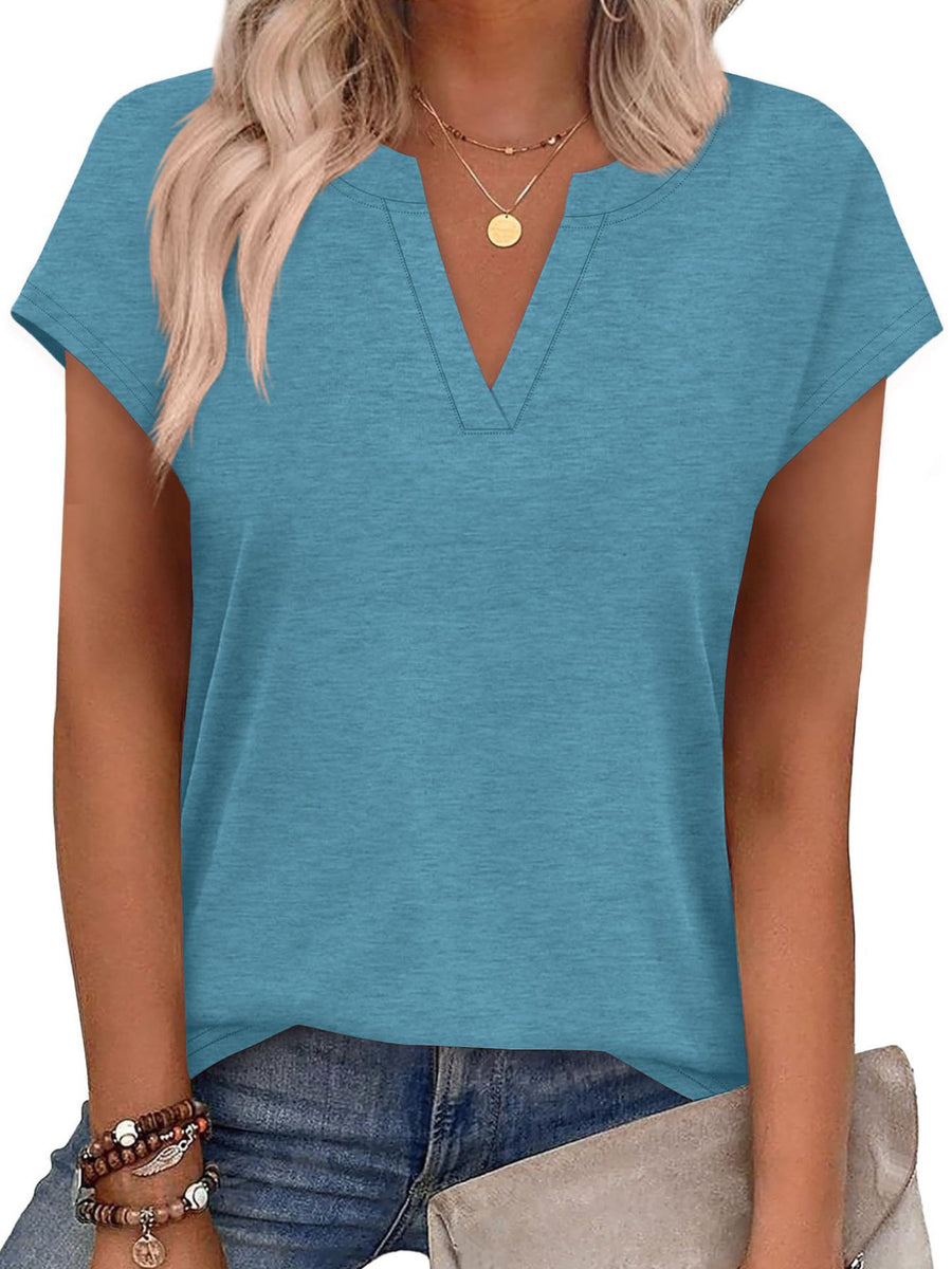 Blue heathered short-sleeve t-shirt with notched V-neck and double-stitched detail.