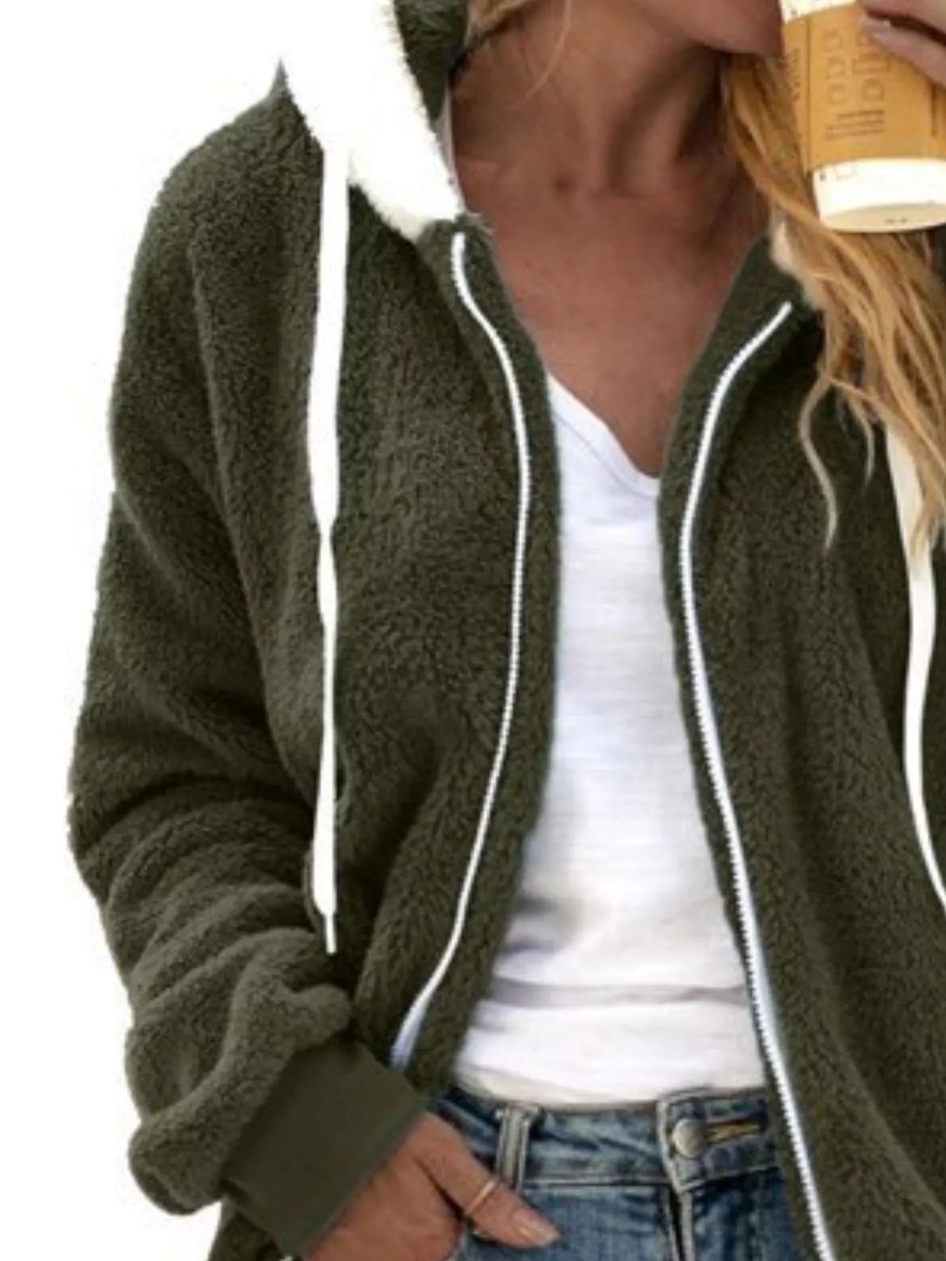 Cozy fleece zip-up hooded jacket in army green with white drawstring and trim.