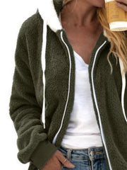 Cozy fleece zip-up hooded jacket in army green with white drawstring and trim.