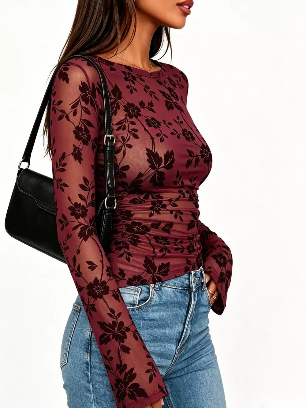 Burgundy blouse with pullover and floral