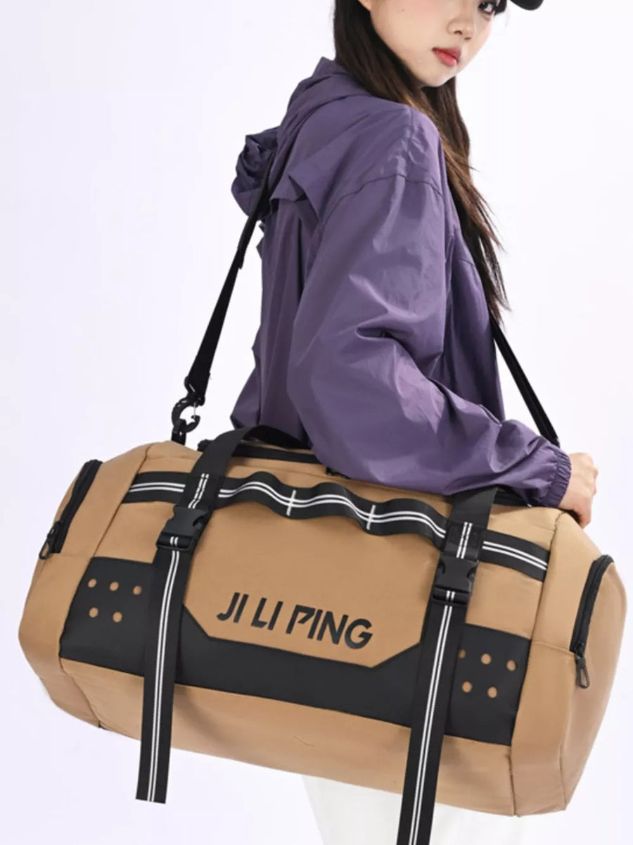 Caramel Oxford cloth travel tote bag with black accents and white stripe details.
