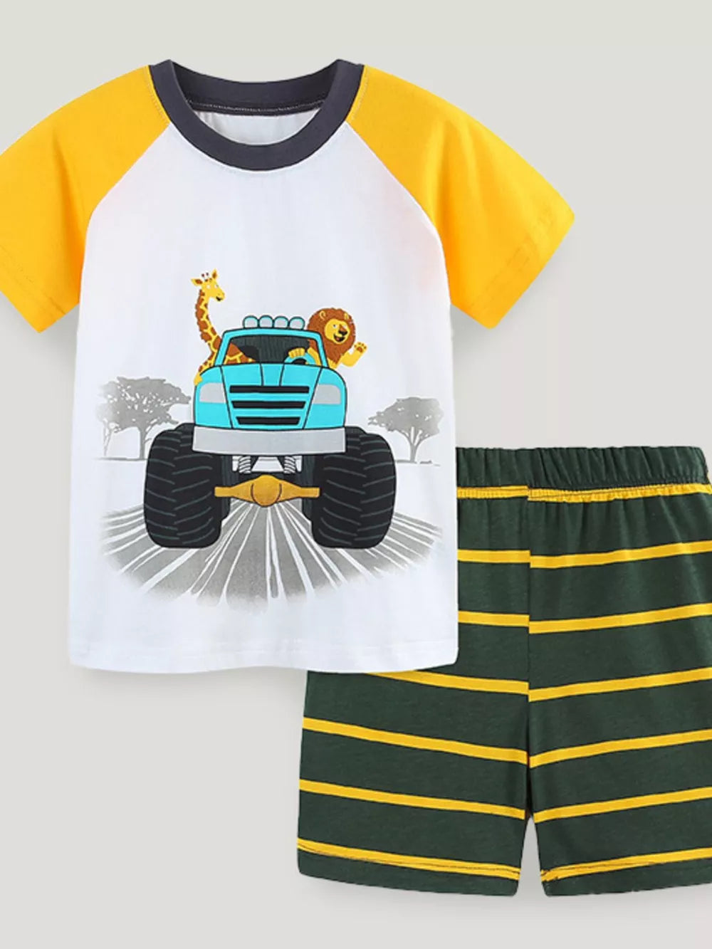 Baby pajama set with monster truck graphic tee and striped shorts