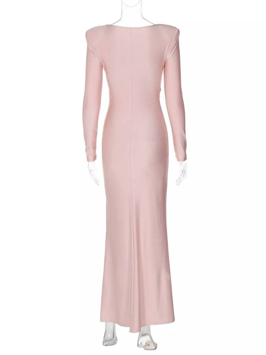 Pink ruched long sleeve maxi dress with boat neckline and bodycon fit