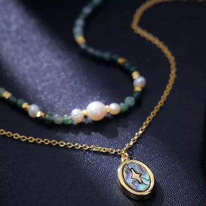 Freshwater Pearl, 18K Gold-Plated, Natural stone, Brass, Abalone shells Care ins necklace in dark green with layered
