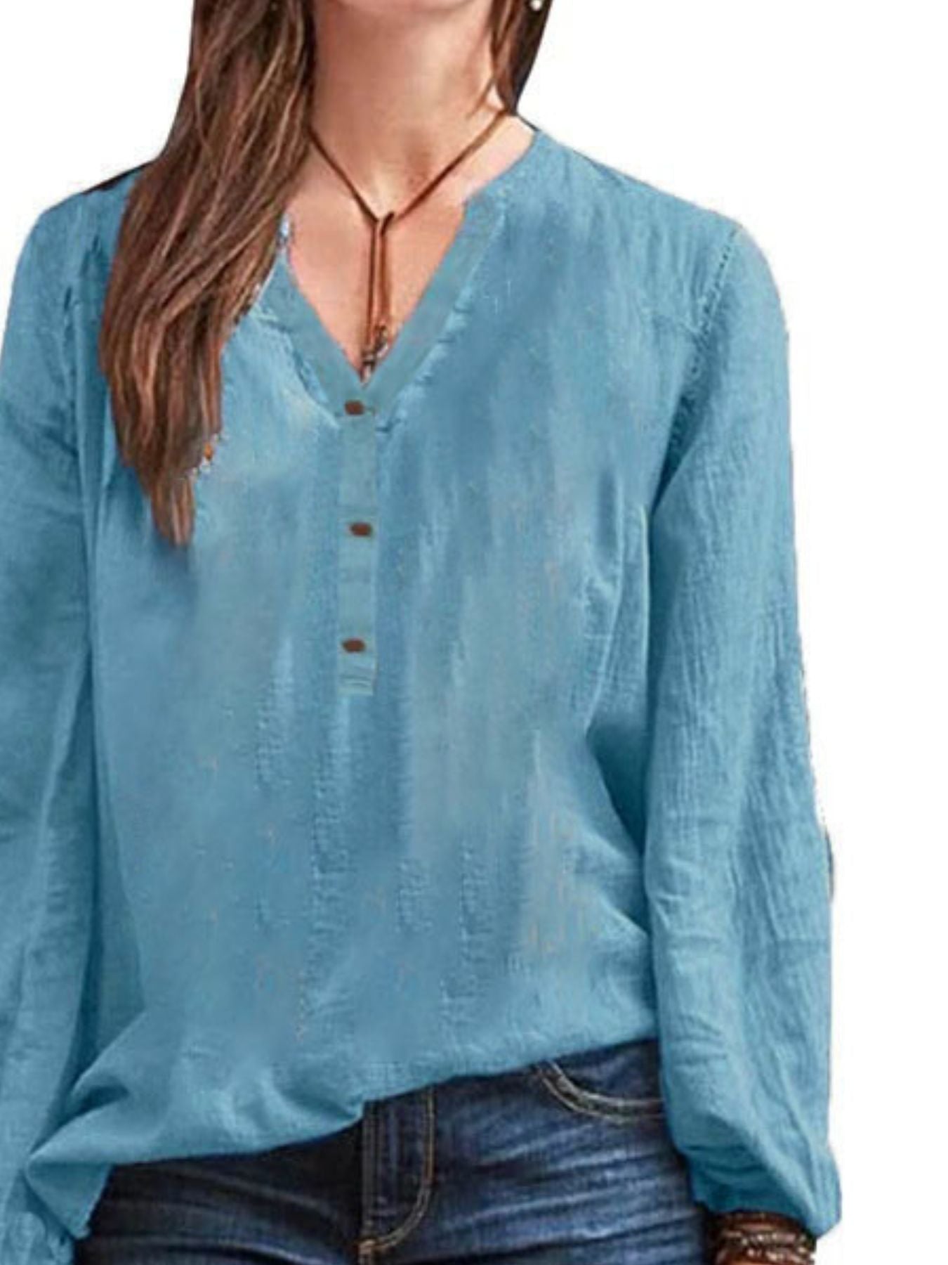 Lake blue long-sleeve blouse with notched neckline and button detail