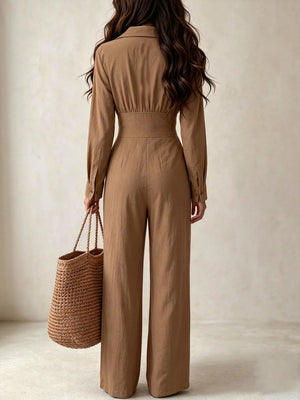 classic jumpsuit in Tan with notch lapel