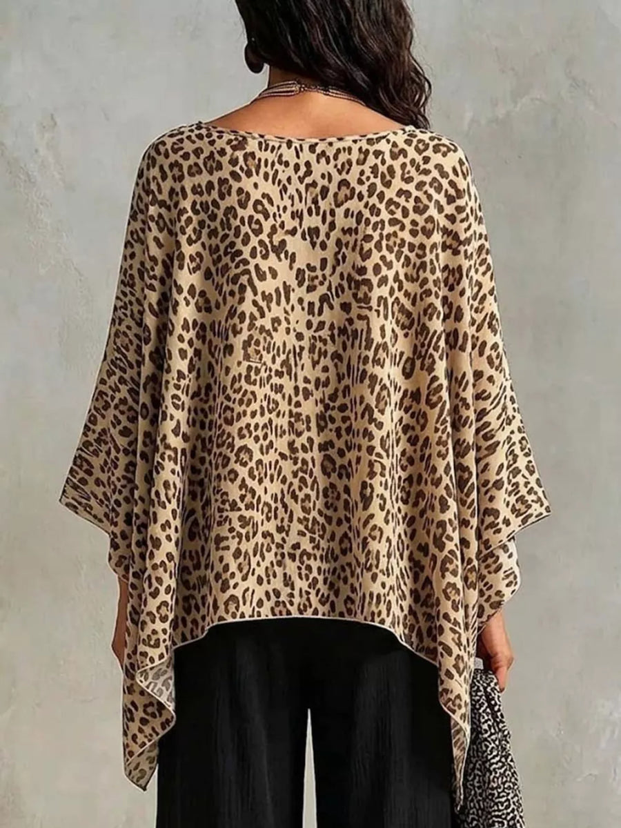 Blue Full Size Leopard Print Asymmetrical Hem Top