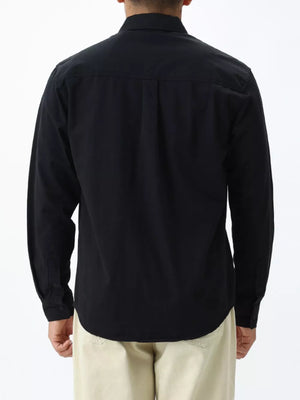 Classic black cotton button-down shirt for men, long sleeves, button cuffs, back yoke detail.