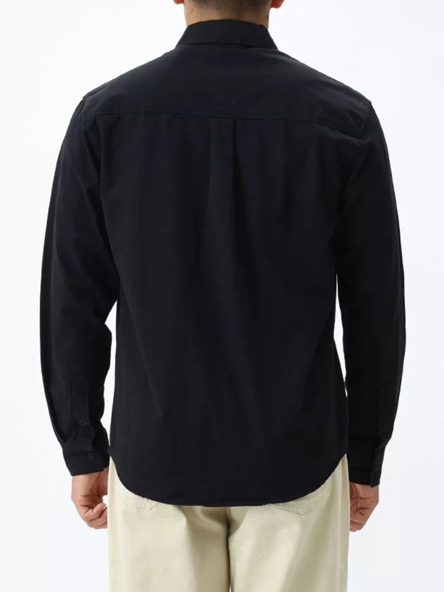 Classic black cotton button-down shirt for men, long sleeves, button cuffs, back yoke detail.