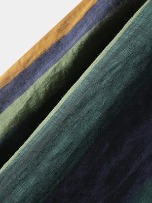 Colorblock stripe linen button-down shirt in army green with bold horizontal stripes.