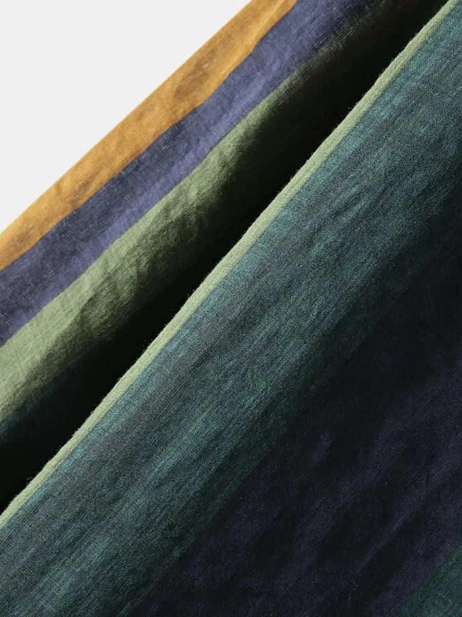 Colorblock stripe linen button-down shirt in army green with bold horizontal stripes.