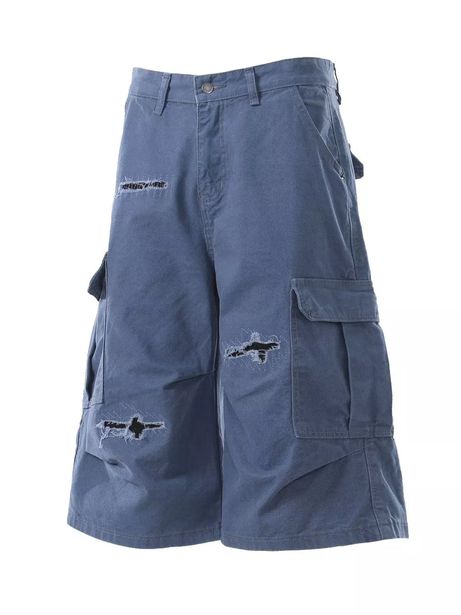 Blue Men's Distressed Cargo Capris