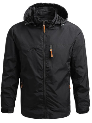 Black hooded windbreaker jacket with zip closure and orange zipper pulls.