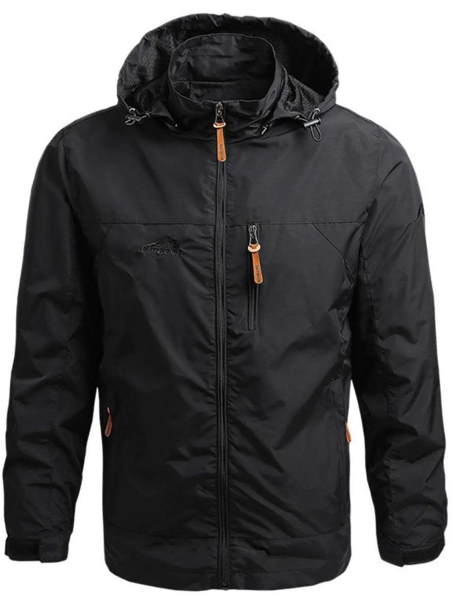 Black hooded windbreaker jacket with zip closure and orange zipper pulls.