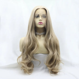 Luminous ombre lace front wig in icy blonde with beach waves.