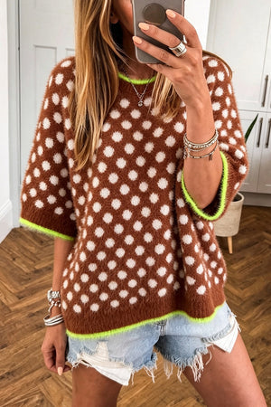 brown pullover sweater with polka dot and crew neck
