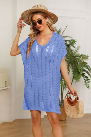 Blue open-knit beach cover-up dress with V-neck and short sleeves.