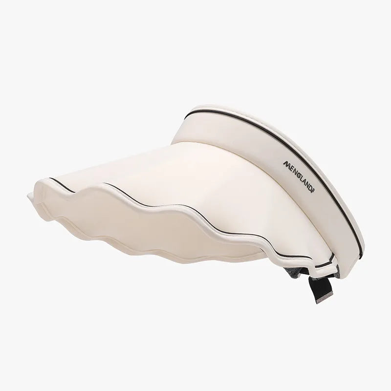 Scalloped brim sun visor in ivory with black trim and text detail.