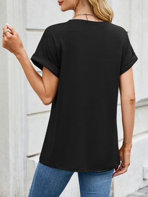 Black crew neck t-shirt with cuffed short sleeves, a casual fit, and a comfortable feel.