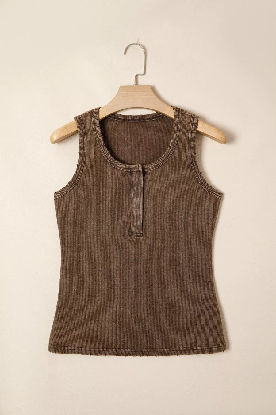 Brown ribbed Henley snap tank top with raw hem detail