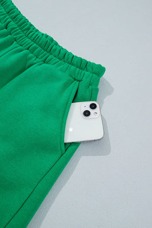 Polka Dot Trim Long Sleeve Sweatshirt And Shorts Set in Green with pocketed