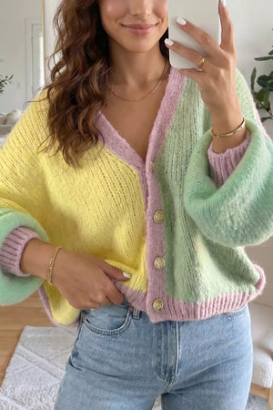 pale yellow cardigan with color-block and v-neck