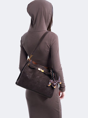 Decorative Buckle Crossbody Bag in Dark Brown with adjustable strap