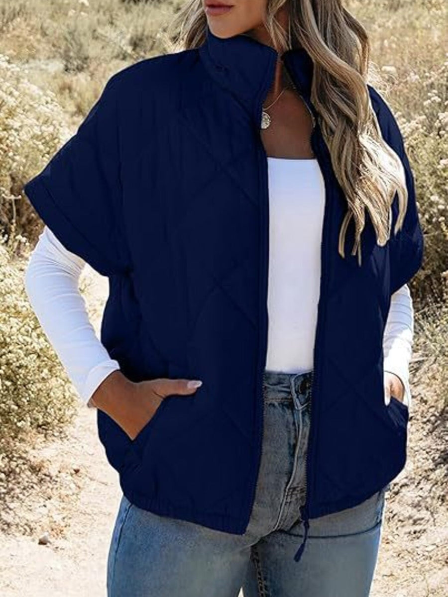 Quilted Zip Up Short Sleeve Winter Coat in Navy Blue
