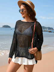 Black open-knit beach sweater with boat neck and long sleeves, acrylic.