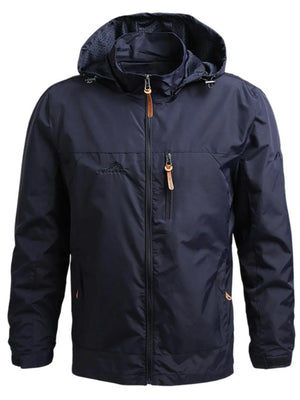 Dark blue hooded windbreaker jacket with full zip and chest pocket.