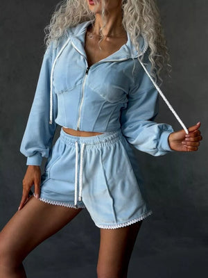 Drawstring Zip-up Hoodie And Shorts Set in Black with hooded