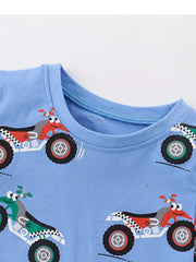 Blue toddler tee with playful ATV print and crew neck.
