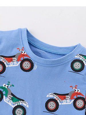 Blue toddler tee with playful ATV print and crew neck.