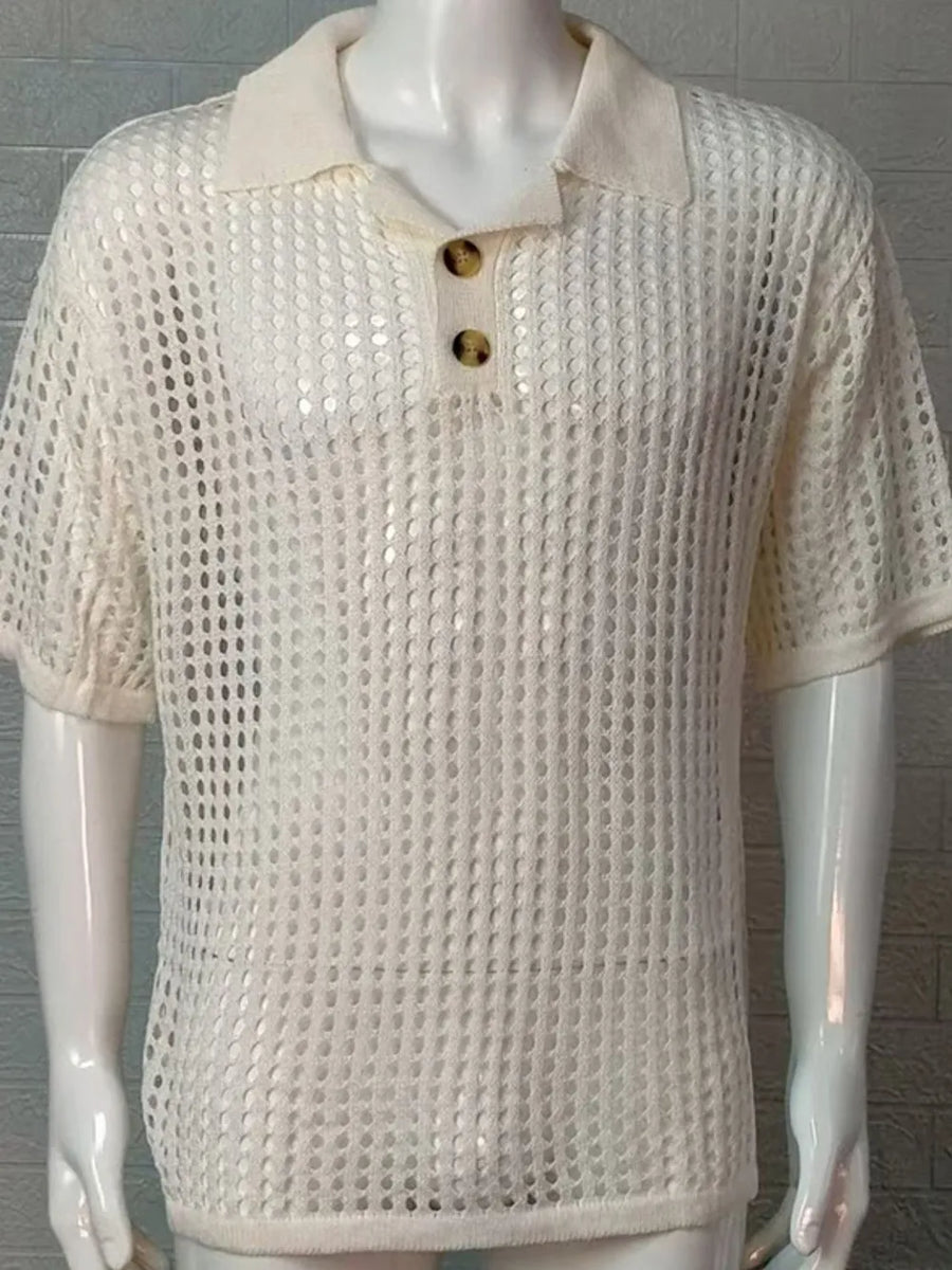 Ivory open-knit polo shirt with pointed collar and two brown buttons.