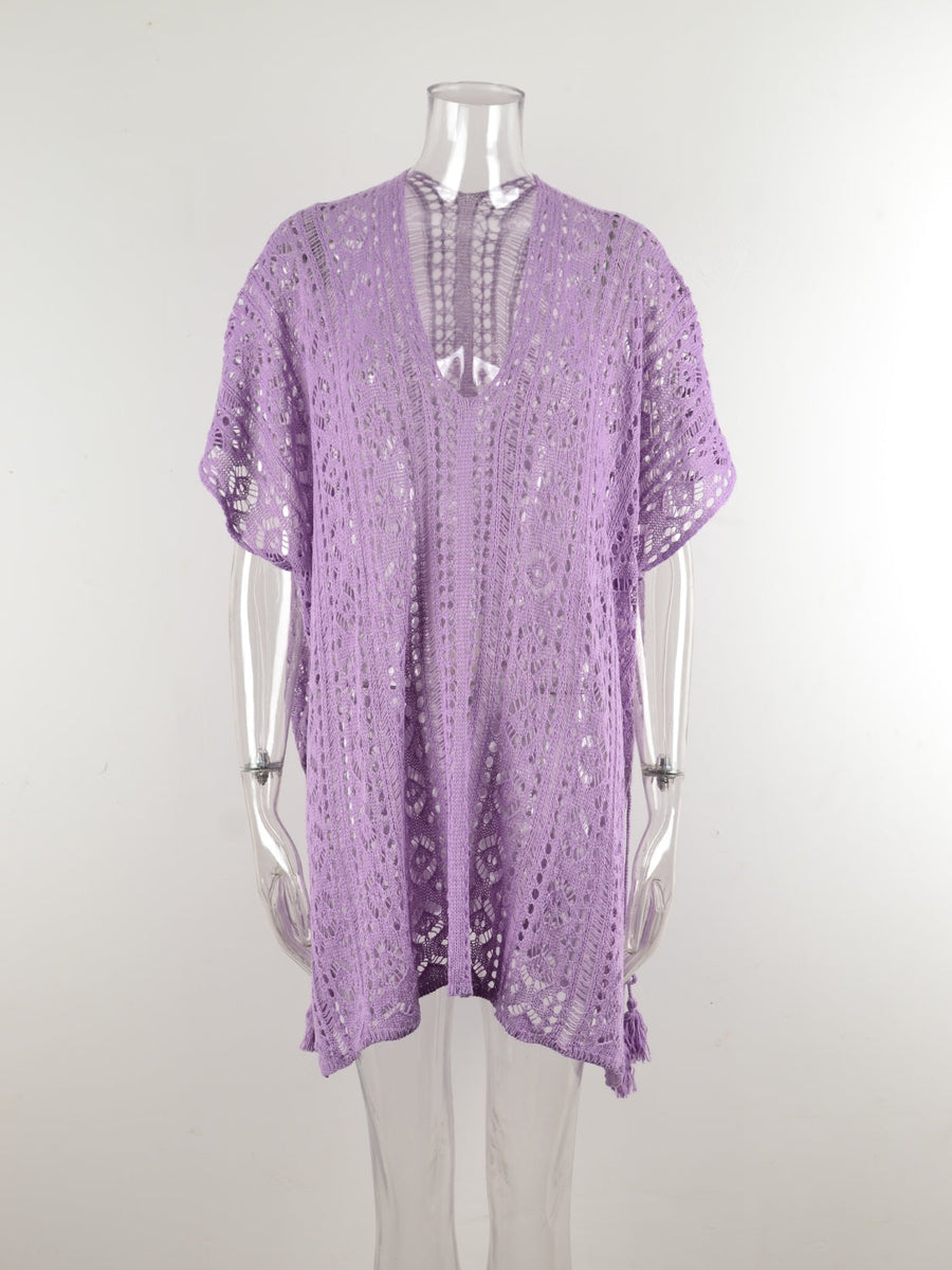 Lavender open-knit V-neck beach cover-up with short sleeves and a tasseled hem.