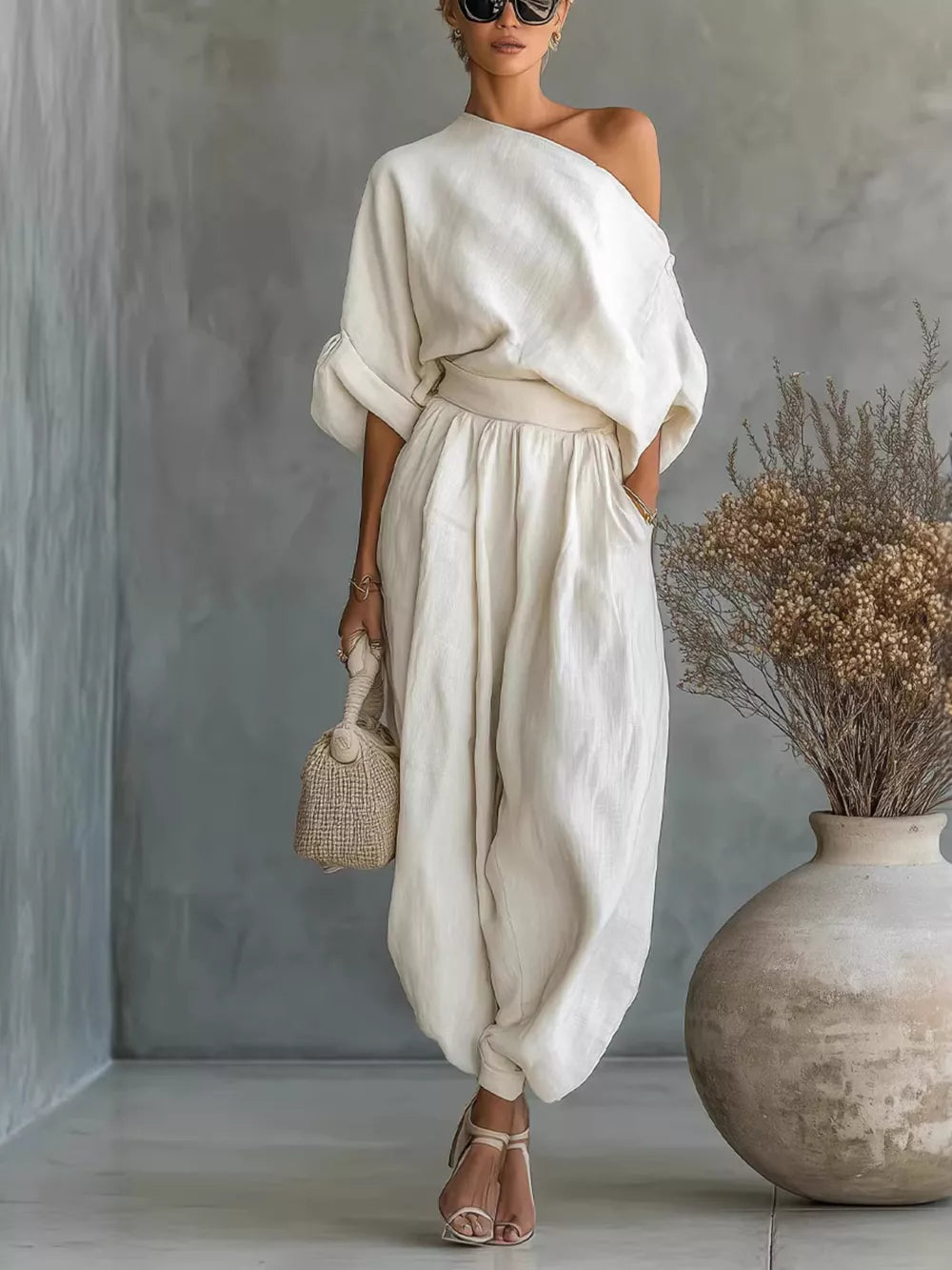 Ivory One-shoulder Top And Joggers Set