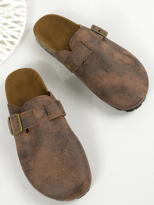 Brown textured suede buckle-detail cork mules with a distressed finish.