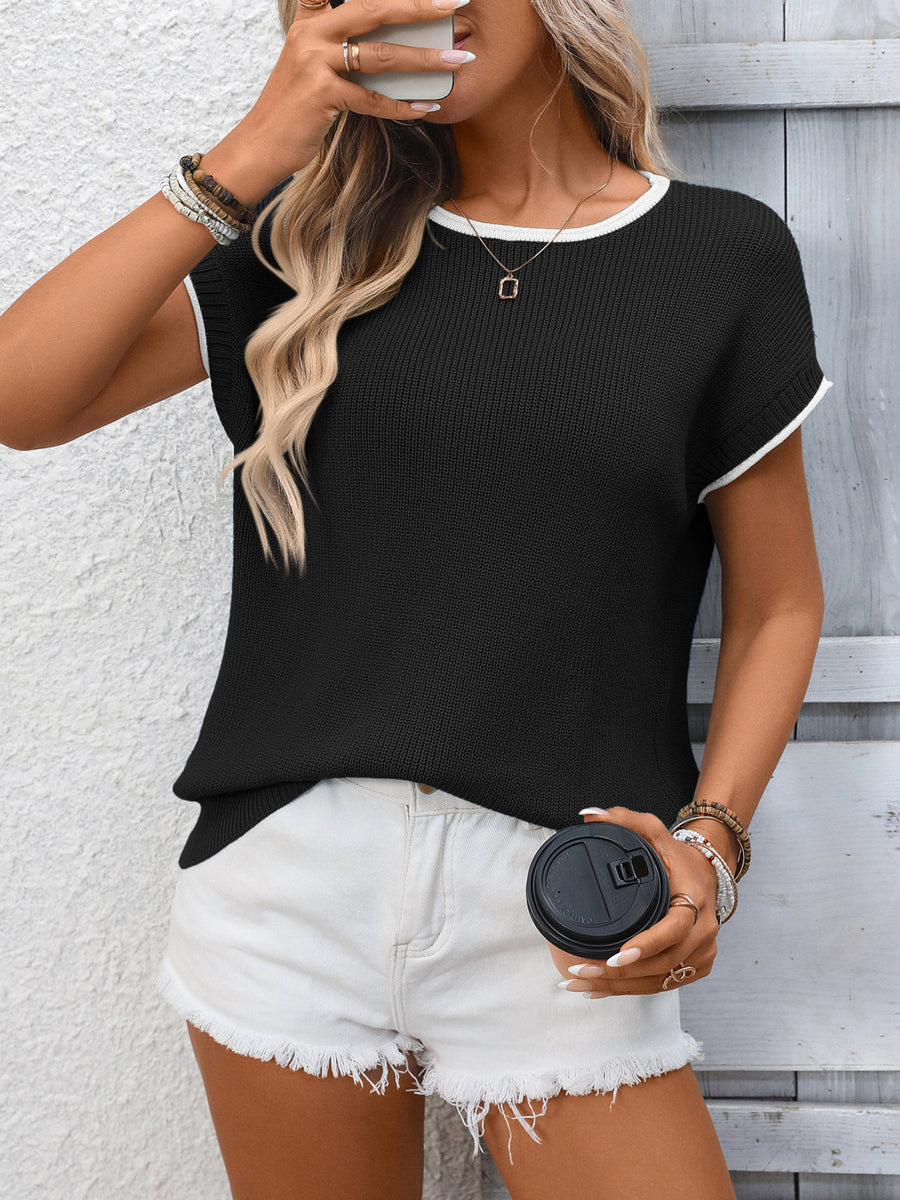 Black ribbed knit short-sleeve top with white trim, crew neck