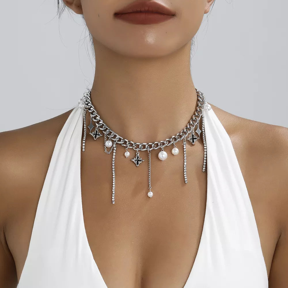 Silver Tassel Star-moon Synthetic Pearl Pendant Choker