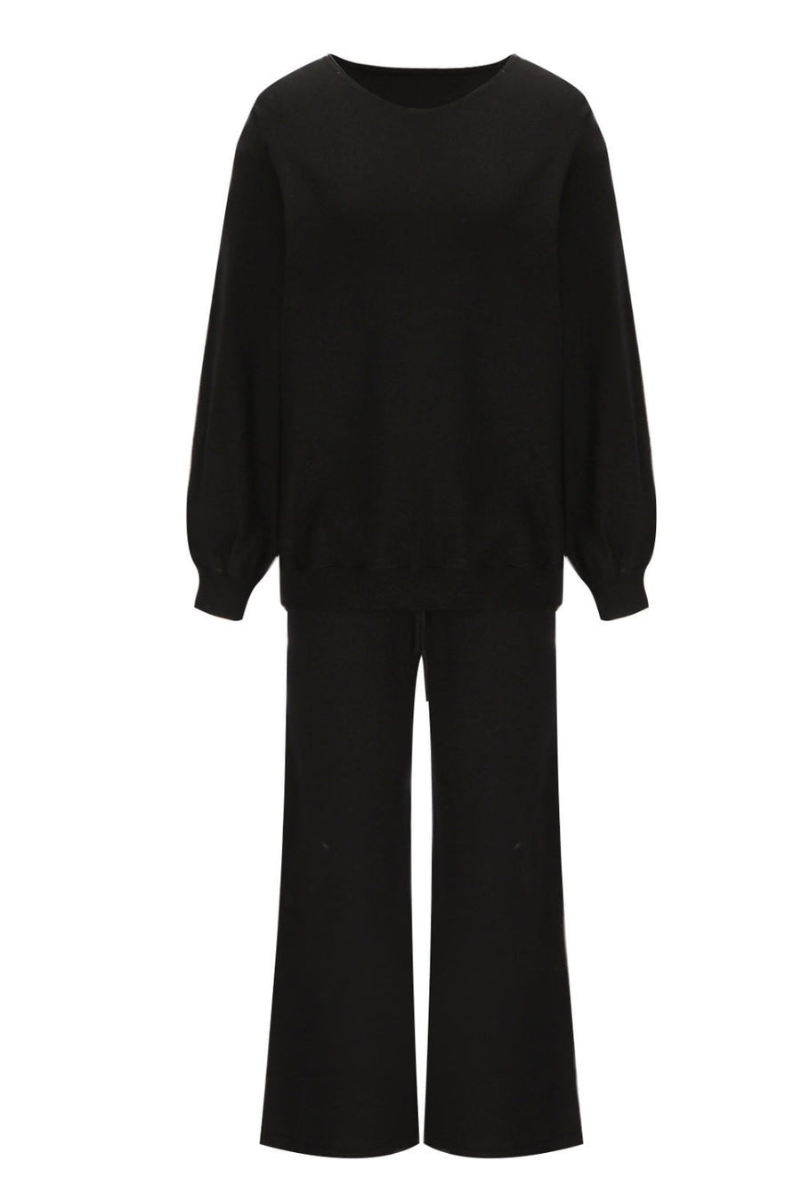 Black loungewear set with crewneck, balloon sleeves, and wide-leg pants.