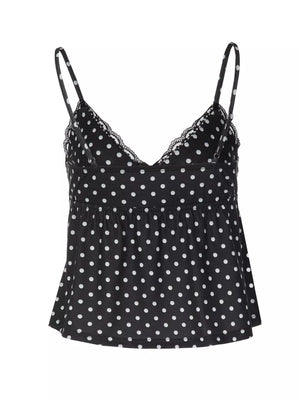 Black polka dot cami with lace trim and adjustable straps.