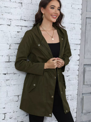 Army green hooded drawstring casual jacket with zip and button closure, and pockets.