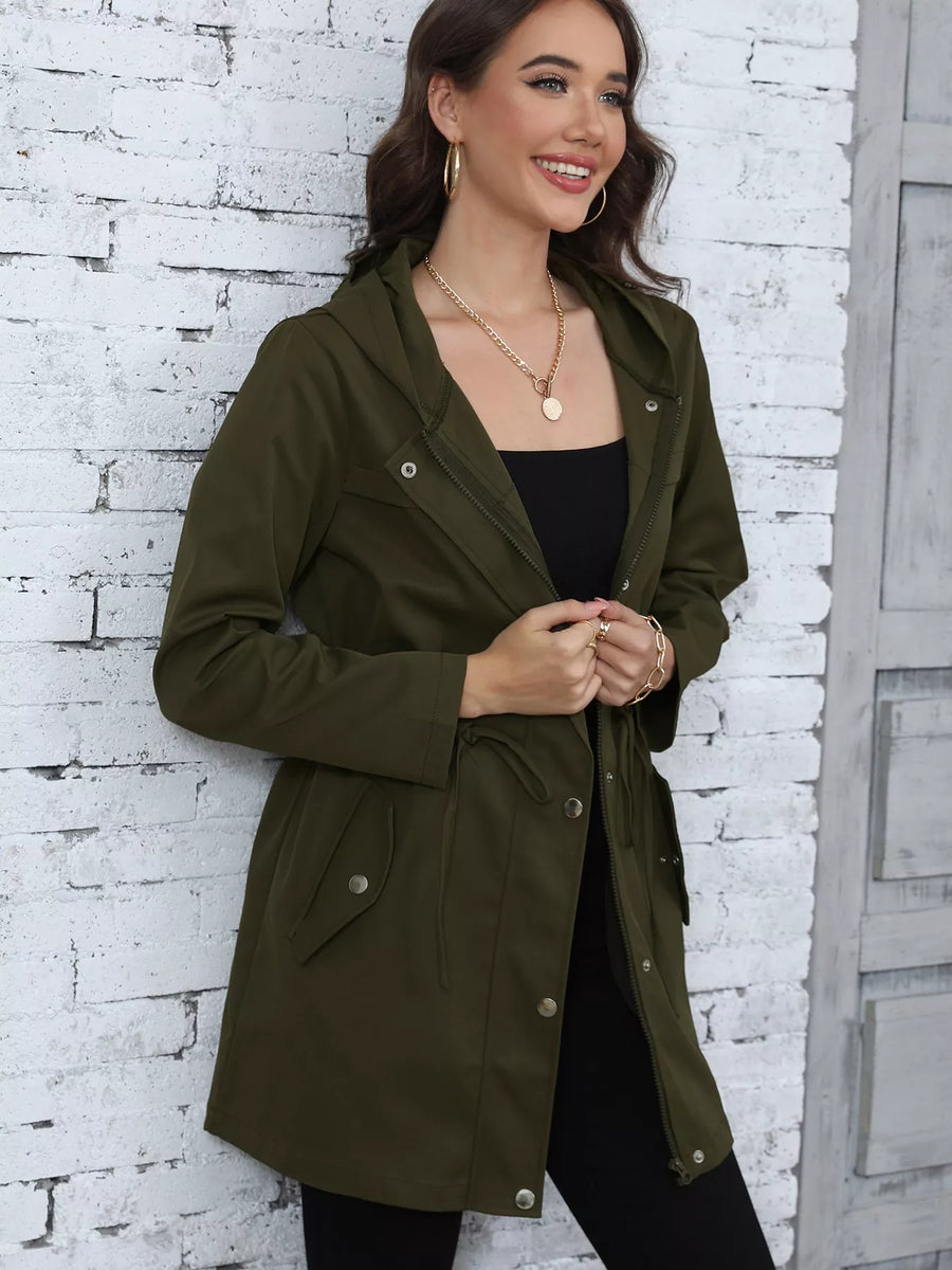 Army green hooded drawstring casual jacket with zip and button closure, and pockets.