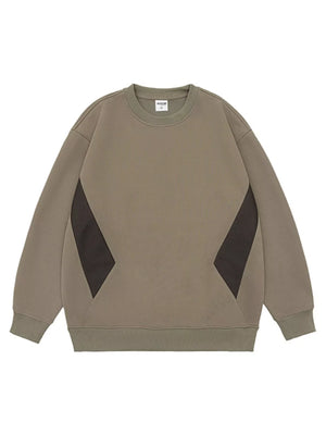 Oversized cotton crew-neck sweatshirt in khaki with dark gray panel details.