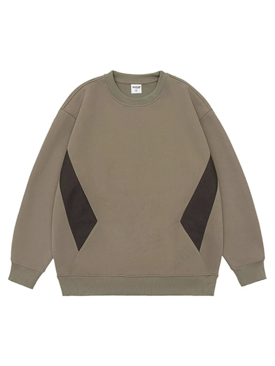 Oversized cotton crew-neck sweatshirt in khaki with dark gray panel details.