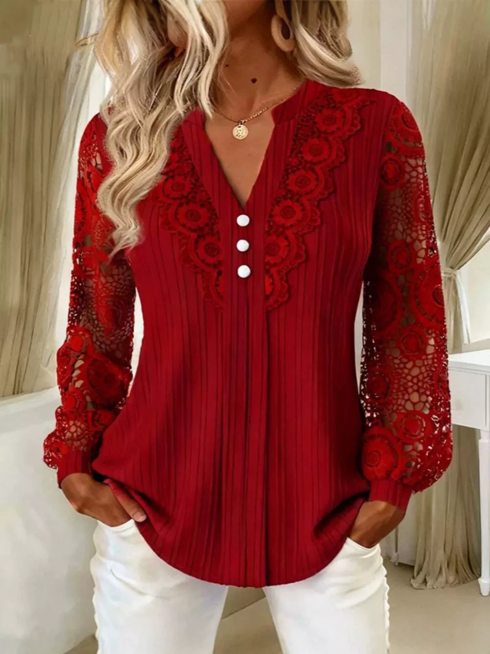burgundy blouse with ribbed and notched
