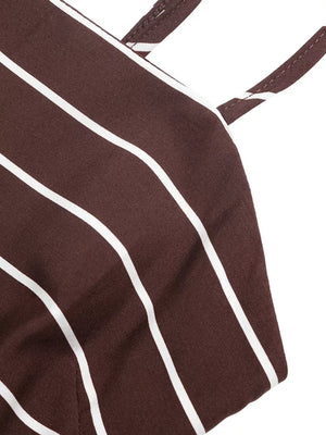 Brown striped maxi swim dress with smocked detail and cutout.